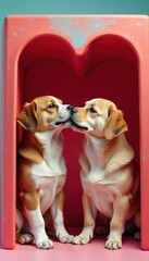 Two dogs share a tender kiss in a playful kissing booth , cute, photo booth
