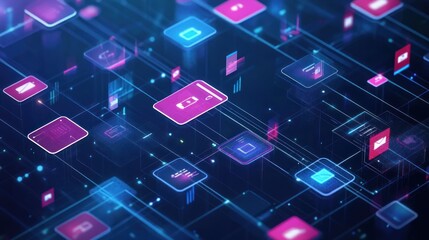 Abstract digital network with glowing icons and connections.