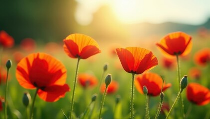 Fototapeta premium Vibrant red poppies bloom in a sun-drenched summer meadow , texture, countryside