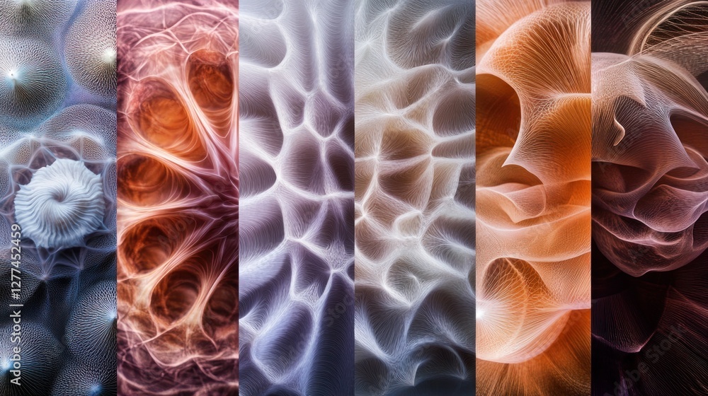 Poster abstract collage of detailed macro images of various organic textures and patterns, showcasing intri