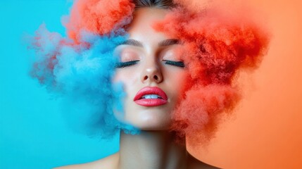 Serene woman's face enveloped in vibrant blue and orange smoke against a split background.