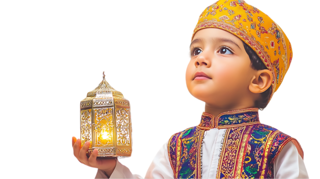 Child holding lantern, contemplative pose, festive attire