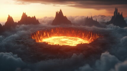 Fototapeta premium Dramatic Lava Crater Surrounded by Jagged Mountains and Clouds