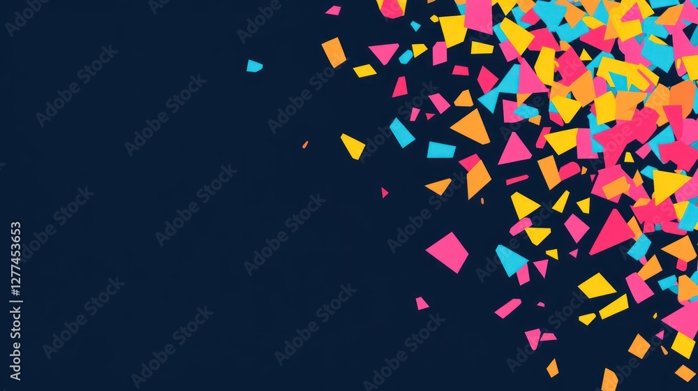 Poster abstract colorful confetti explosion on dark background.