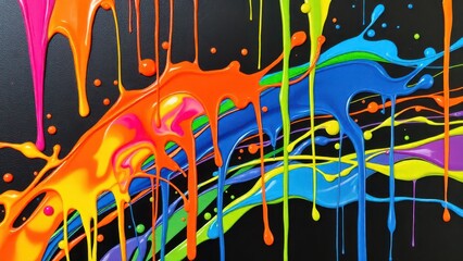 a colorful, fluid art piece featuring thick, glossy paint drips in various bright colors against a contrasting dark backdrop