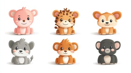 Fototapeta premium Cute cartoon animal illustrations. Collection of adorable baby animals, sitting, in various colors, stylized, 3d effect.