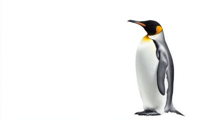 Obraz premium A solitary emperor penguin standing elegantly against a plain white background, showcasing its vibrant colors