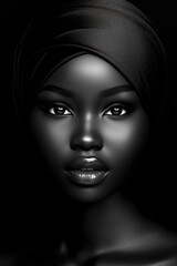 Woman with a black head scarf is the main focus of the image. The scarf is draped over her head and neck, and it covers most of her face. The woman's eyes are closed