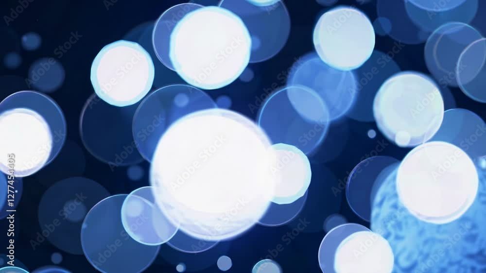 Poster blue and white bokeh lights floating against dark background, abstract glowing circles. festive and 