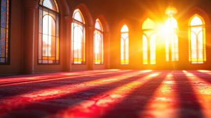 Warm Sunlight Streaming Through Colorful Windows on Red Carpet