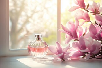A perfume bottle placed on a windowsill surrounded by delicate magnolia flowers with soft sunlight streaming through