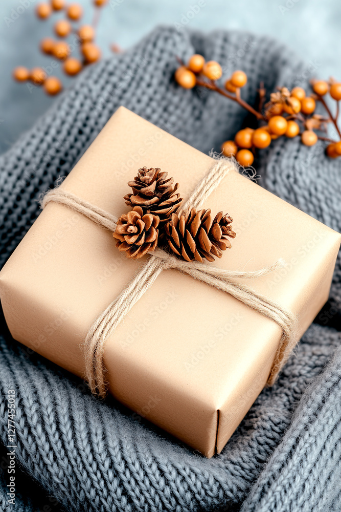 Wall mural brown box with pine cones on top of it. the pine cones are tied to the box with string. the box is s