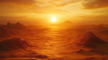 A dramatic desert scene with golden sand dunes under a glowing sunset, expansive and tranquil
