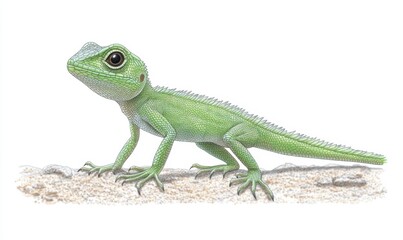Fototapeta premium A vibrant green lizard poised on a sandy surface, showcasing its detailed features in a natural setting