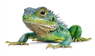 Fototapeta premium A vibrant green lizard resting on a white surface, showcasing its detailed scales and features