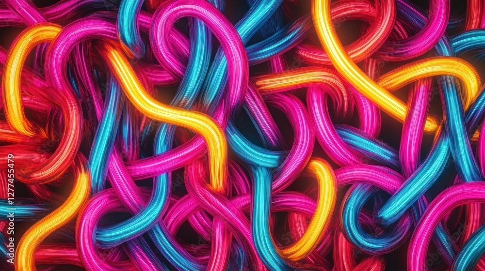 Poster Abstract colorful glowing neon lines, tangled and interwoven, creating a vibrant and dynamic background.