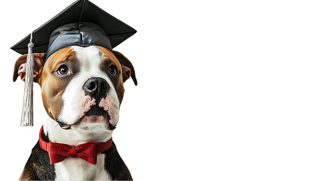 Dog wearing graduation cap and bow tie, academic ceremony, serious expression, possible use in education, graduation