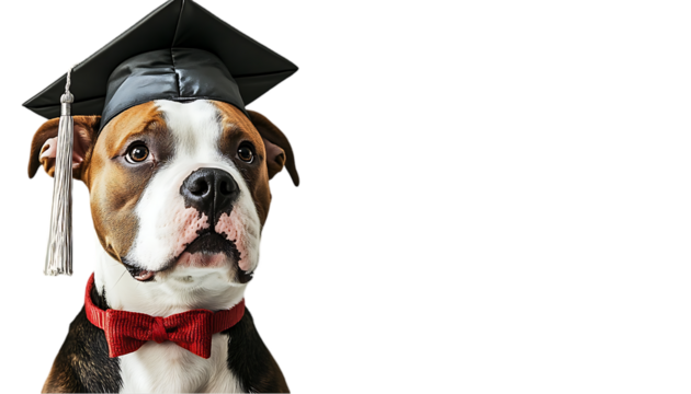 Dog wearing graduation cap and bow tie, academic ceremony, serious expression, possible use in education, graduation