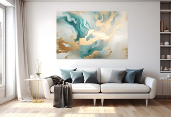 Modern living room with sofa and gold abstract painting. Gold abstract art in modern living room.