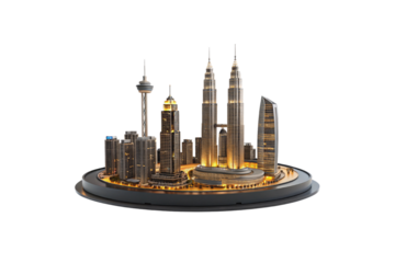 A detailed 3D miniature of Kuala Lumpur’s skyline, featuring the Petronas Towers, illuminated skyscrapers, and iconic structures, isolated on a transparent background
