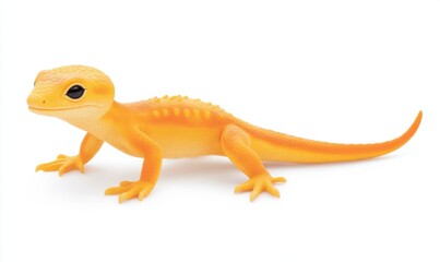 Fototapeta premium A vibrant orange lizard toy crawling on a white surface with a clean background