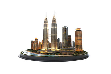 Obraz premium A high-detail model of Kuala Lumpur, highlighting the famous Petronas Towers and modern skyscrapers, with a surrounding river, isolated on a transparent background