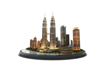 Gordijnen A high-detail model of Kuala Lumpur, highlighting the famous Petronas Towers and modern skyscrapers, with a surrounding river, isolated on a transparent background © Tanicsean