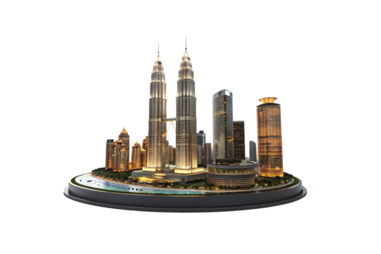 A high-detail model of Kuala Lumpur, highlighting the famous Petronas Towers and modern skyscrapers, with a surrounding river, isolated on a transparent background - Powered by Adobe