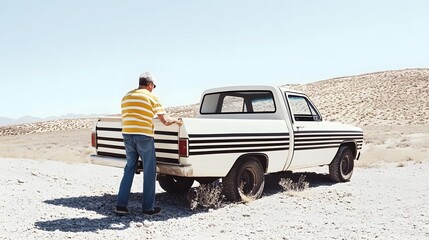 Rugged white pickup truck parked in a remote desert landscape at sunset  A man stands next to the vehicle taking in the vast scenic view of the sandy dunes and horizon under a warm dramatic sky