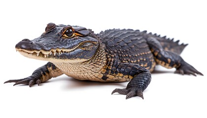 Portrait of a juvenile alligator with shiny eyes on white