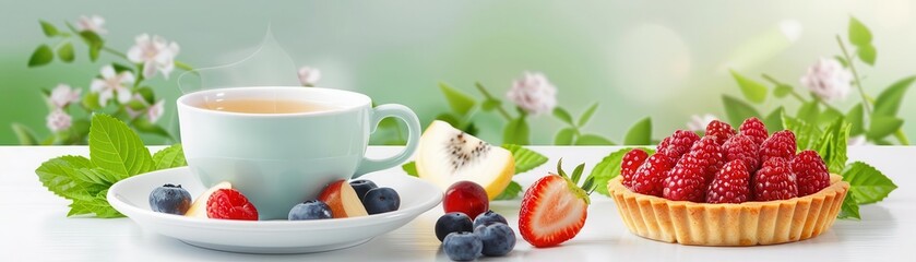 Oolong tea with fruit tart, tea types and dessert, flat design illustration