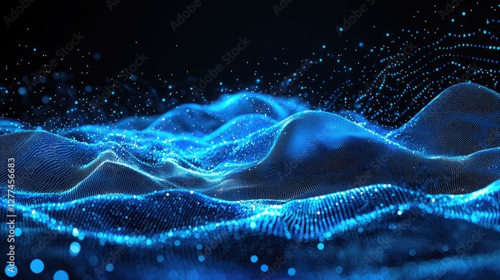 Poster futuristic digital landscape with glowing blue particles forming dynamic wave structures on a dark b