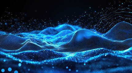 Futuristic digital landscape with glowing blue particles forming dynamic wave structures on a dark background. Ideal for technology, AI, data visualization, and abstract innovation concepts