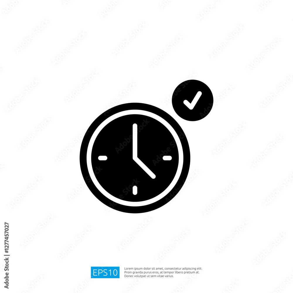 Poster clock icon with checkmark indicating timely task completion and effective time management in a minim