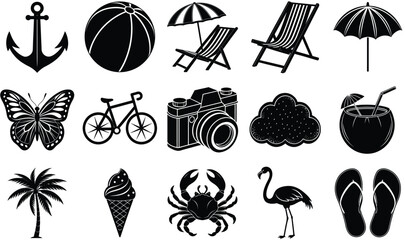 Black and White Summer Beach Icons Vector Illustrations of Vacation, Travel, and Relaxation