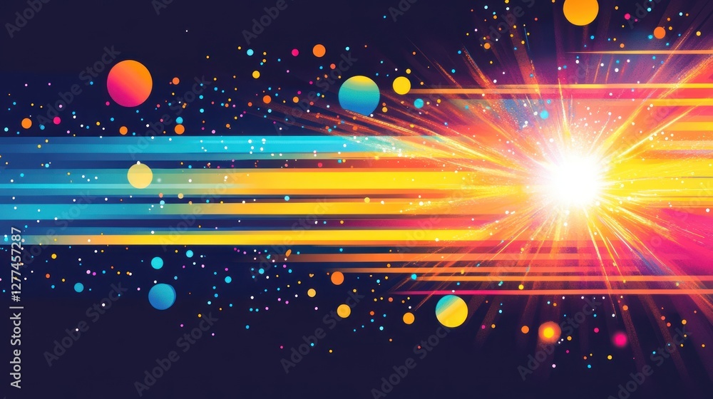 Aufkleber Abstract colorful light streaks and particles exploding from central light source on dark background.