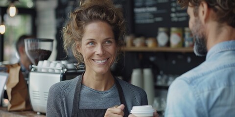 Barista Bliss: A warm and inviting scene unfolds as a smiling barista hands a cup of coffee to a customer in a bustling cafe, perfect for projects about daily life.