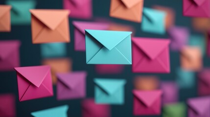 Dreamy Representation of Floating Colorful Paper Envelopes in Motion, Companies can send multiple emails.