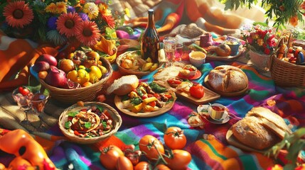 Festive food picnic outdoor setting culinary display colorful environment vibrant viewpoint summer gathering