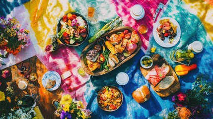 Fototapeta premium Vibrant brunch gathering outdoor picnic food spread colorful setting aerial view community and enjoyment