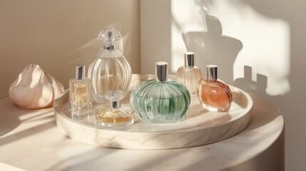 A stylish arrangement of several perfume bottles on a marble surface with soft lighting, showcasing elegant designs