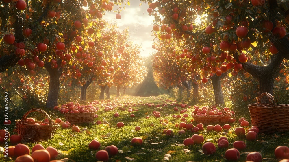 Poster tranquil orchard in autumn with ripe apples hanging from trees and baskets scattered in the grass re