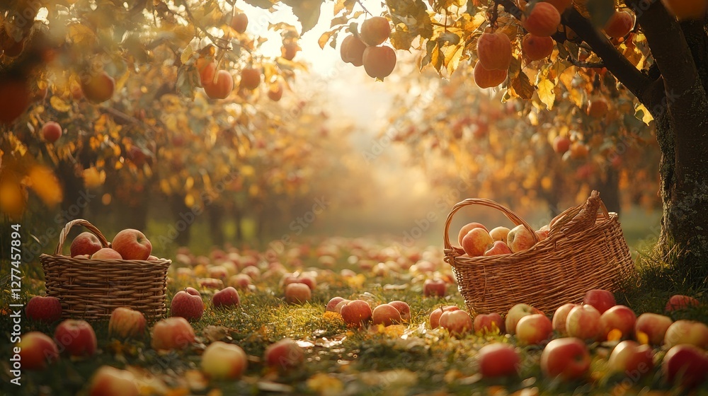 Poster tranquil orchard in autumn with ripe apples hanging from trees and baskets scattered in the grass re