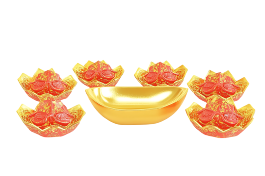 Golden Chinese money pouches, prosperity symbol, isolated background, decorative display,  suitable for New Year's cards or gifts