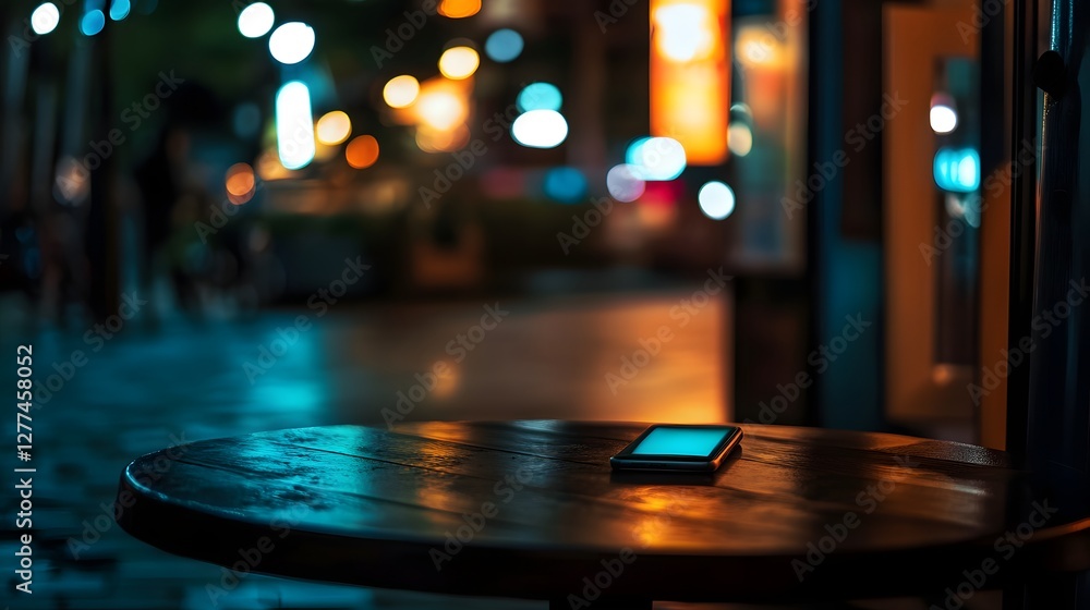 Poster a cell phone is sitting on a table in a dimly lit area. the scene is blurry and the phone is the onl
