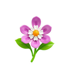 Vibrant Pink Flower with White Center and Green Leaves Illustration