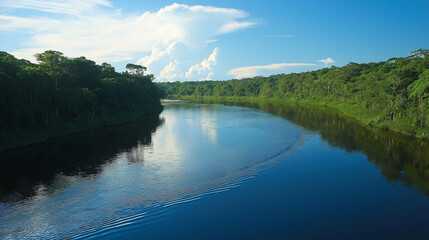 Obraz premium Calm river flows through lush amazon rainforest under blue sky