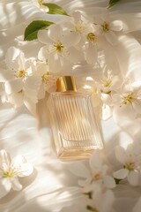 A perfume bottle surrounded by delicate white flowers with a soft light background