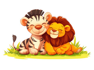 Naklejka premium Cute smiling animals sitting on grass, tiger and lion, radiating joy and friendship. Their playful expressions create heartwarming scene