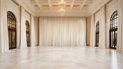 Elegant and Spacious Interior with Luxe Lighting and Drapery, High resolution wedding venue concept.
